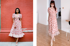 SPlit image of Lirika Matoshi's Strawberry Midi Dress and the dupe from AliExpress for the dupe culture Gen Z story